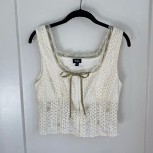 Beverly and Beck Cream Lace Green Ribbon Top